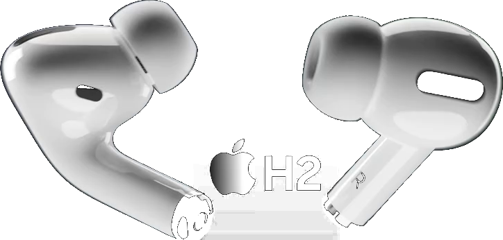 Two AirPods Pro earbuds flanking the Apple H2 mark